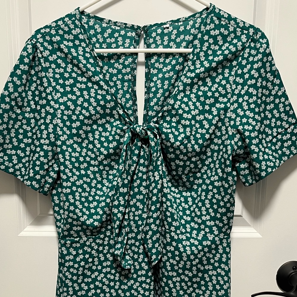 Green floral tie front sun dress